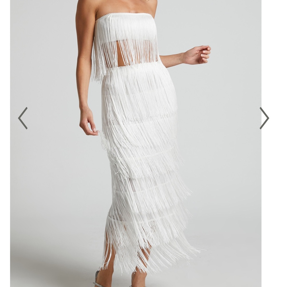 Showpo AMALEE TWO PIECE SET - FRINGE STRAPLESS CROP TOP AND MIDI SKIRT IN WHITE